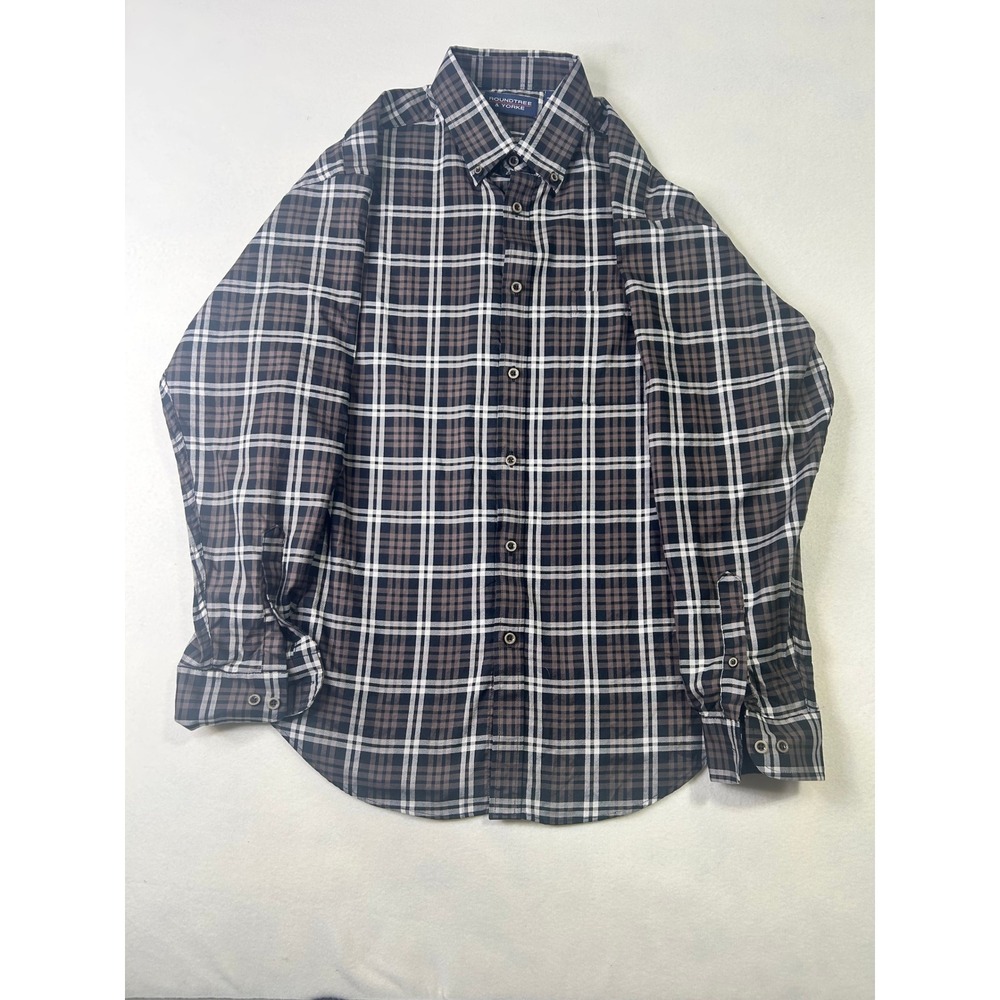 Roundtree & Yorke Mens Large‎ Plaid Button Down Shirt Brown Black White Cotton L